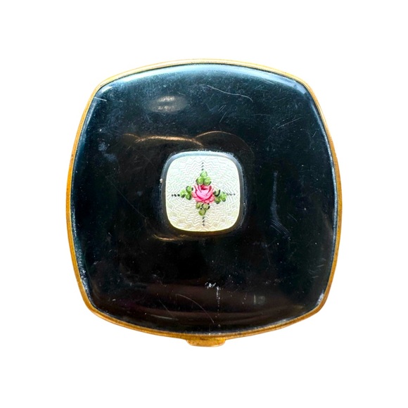 Vintage La Mode Black & Floral Guilloche Compact Mirror - Circa 1930s-40s - Picture 1 of 16